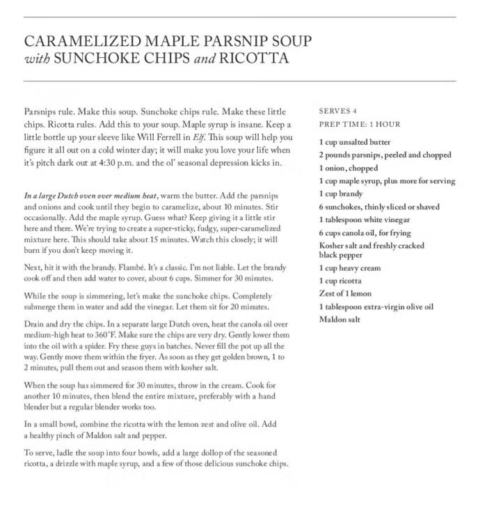 Recipe for Matty Matheson’s Caramelized Maple Parsnip Soup with Sunchoke Chips and Ricotta